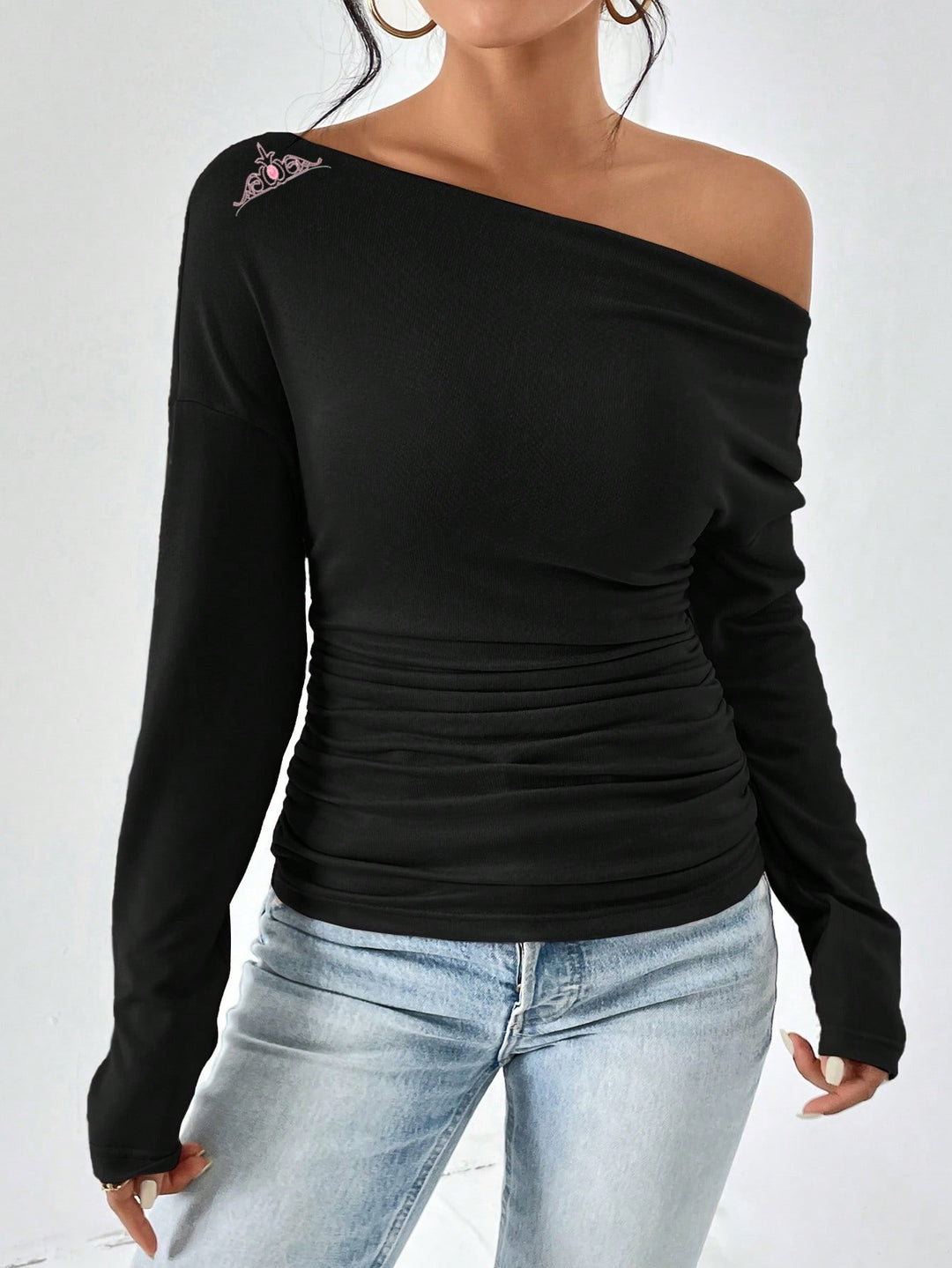 Fitted long sleeve t-shirt for women with asymmetric neckline and ruching Lune London