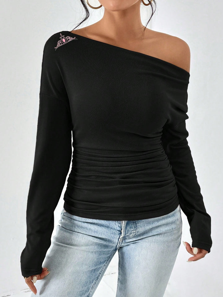 Fitted long sleeve t-shirt for women with asymmetric neckline and ruching Lune London