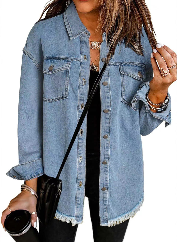Casual denim shirt for women with frayed edges and convenient chest pockets Lune London