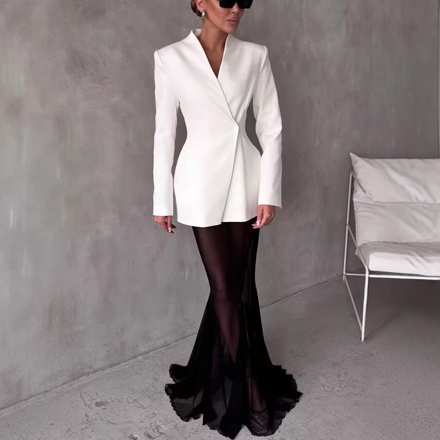 Women Elegant Blazer Jacket with Asymmetrical Cut and Chic Modern Details