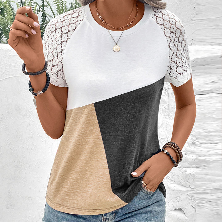 Trendy women's T-shirt with lace sleeves and chic color block design