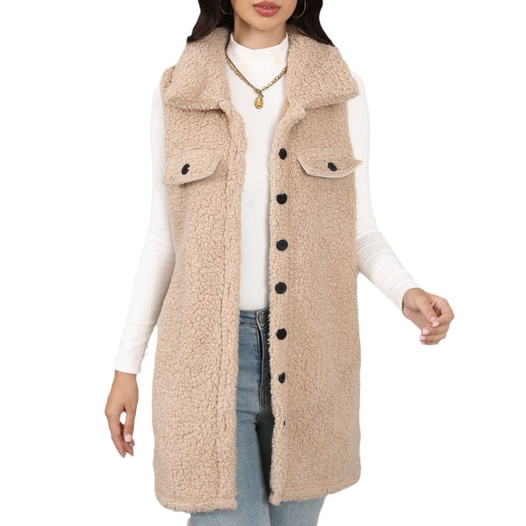 Ladies Comfortable Plush Jacket with Patch Pockets and Stylish Chic Collar