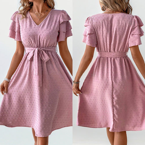 Elegant Woman Dress with Ruffled Sleeves V Neck Lune London