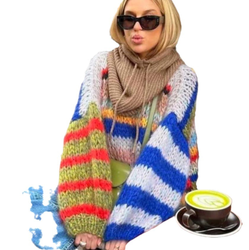 Women Chunky Knit Sweater with Colorful Cable Pattern and Loose Fit Lune London