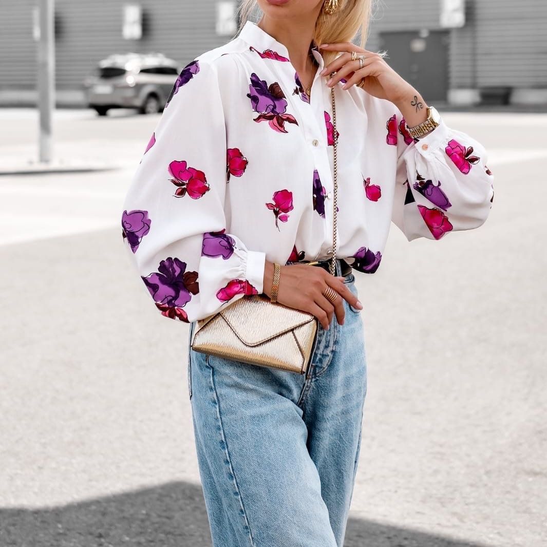 Women Elegant Blouse with Floral Pattern and Effective Puff Sleeves Lune London