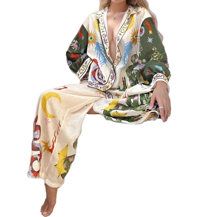 Ensemble en lin élégant pour femme avec imprimé artistique et manches amples Chic & Stil