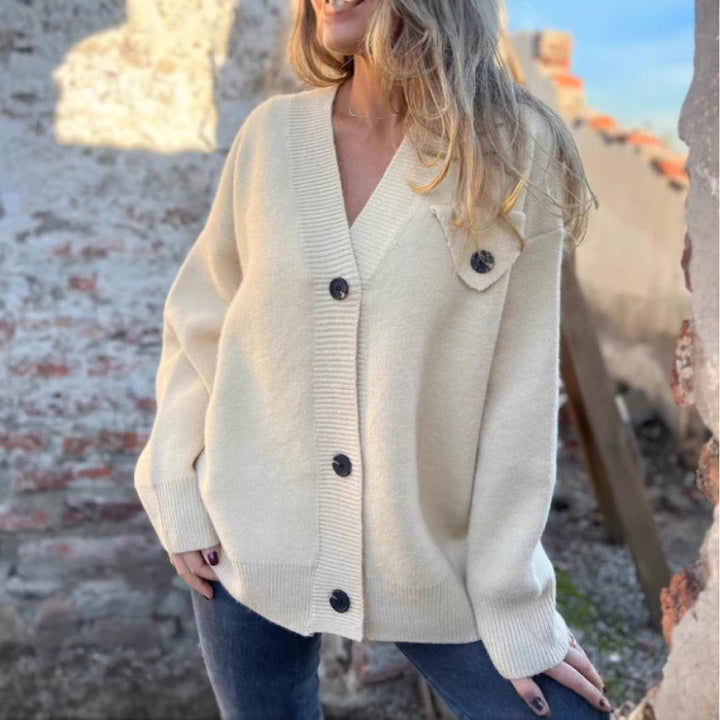 Casual knit cardigan for women with asymmetrical cut and button details Lune London