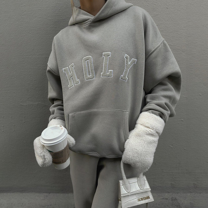 Women oversized hooded sweatshirt in soft cotton blend with an elegant embroidered logo Lune London