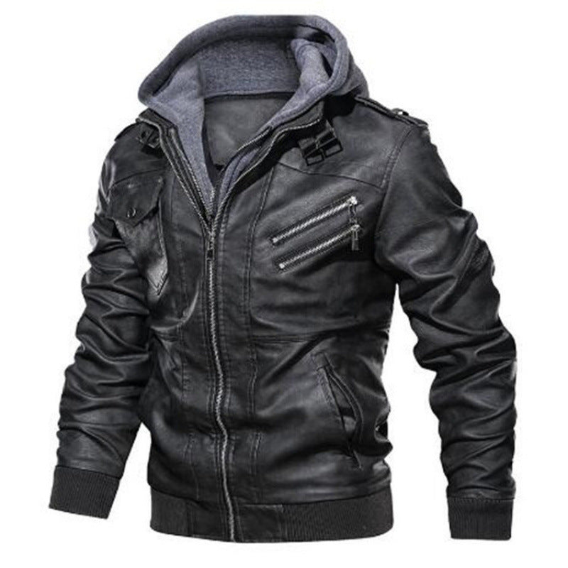 Men's leather jacket in modern biker style with removable hood Lune London