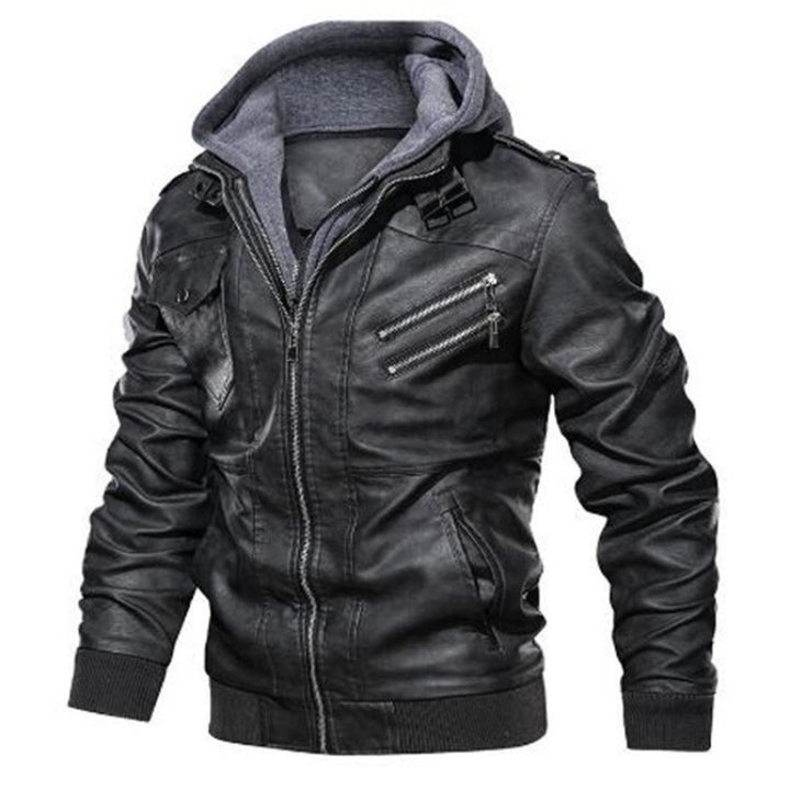 Men's leather jacket in modern biker style with removable hood Lune London