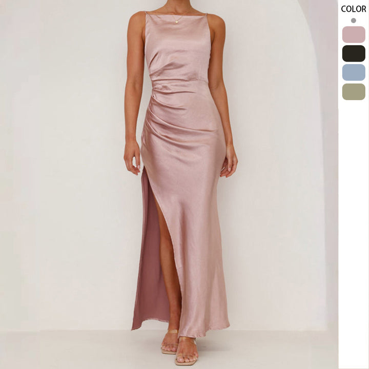 Elegant satin maxi dress for women with stylish gathered neckline and side slit Chic & Stil