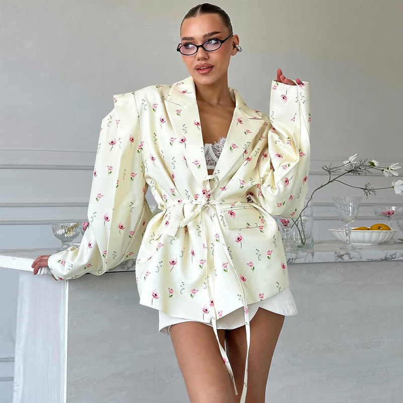 Ladies Elegant Blazer Jacket with Floral Design and Chic Waist Belt