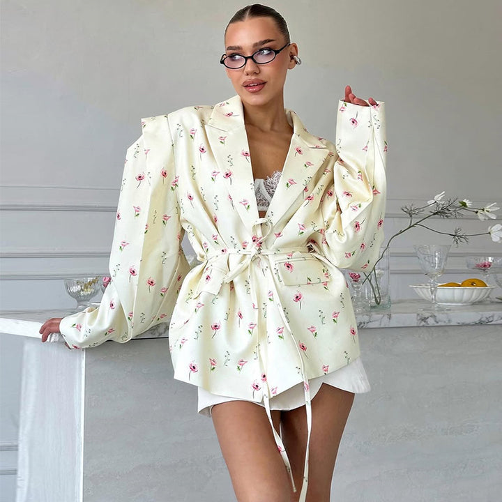 Ladies Elegant Blazer Jacket with Floral Design and Chic Waist Belt