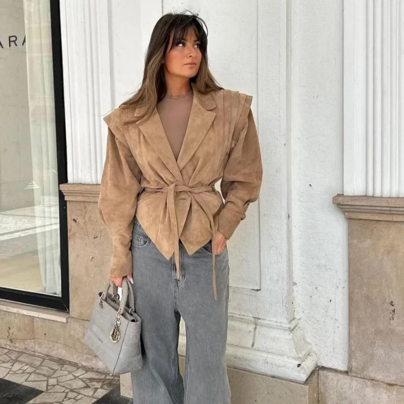 Fashion faux leather jacket for women with a textured design and extravagant shoulder accents Lune London