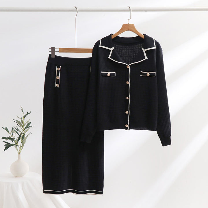 Elegant knit set for ladies with decorative collar and patch pockets Lune London