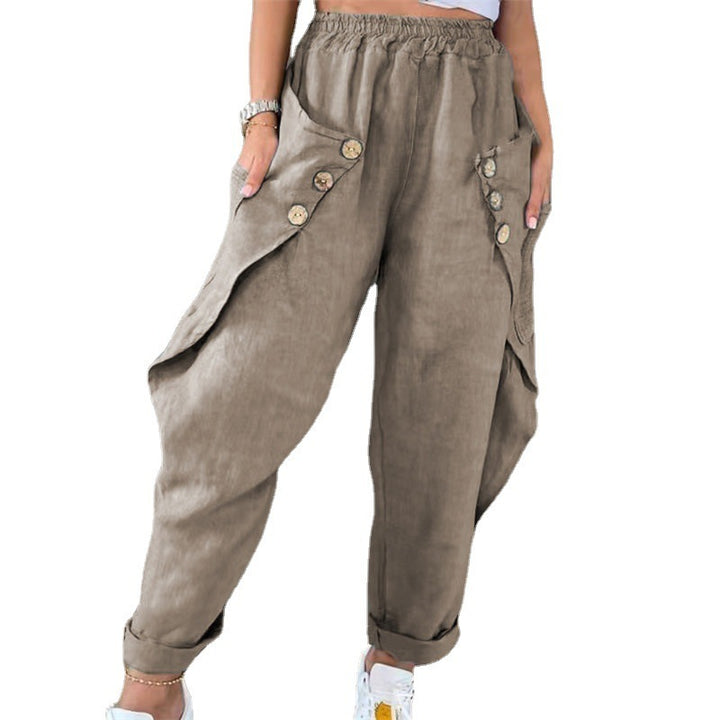 Casual summer pants for women with button details and practical side pockets Lune London