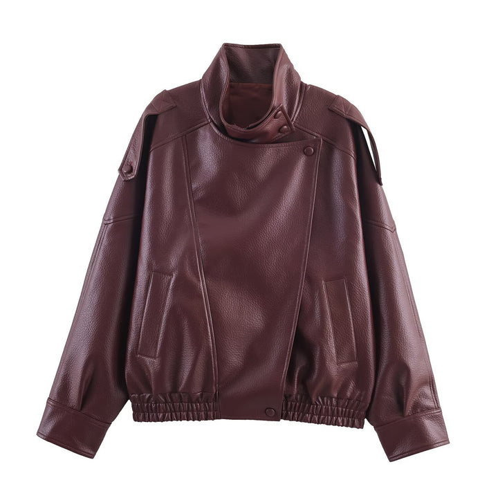 Synthetic leather jacket for women with a modern design featuring a high collar and practical pockets Lune London