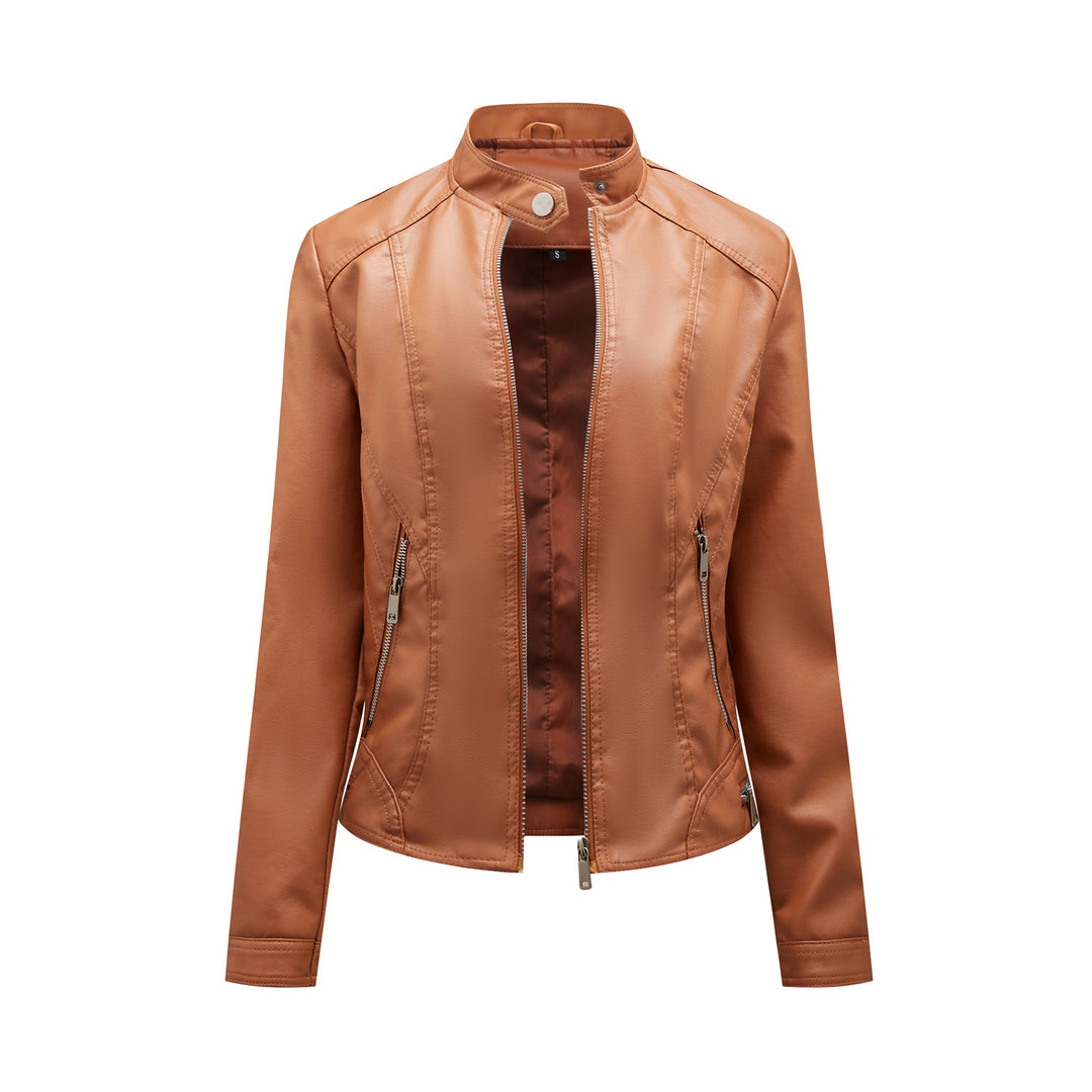 Faux leather jacket for women with elegant high collar and practical zippered pockets Lune London