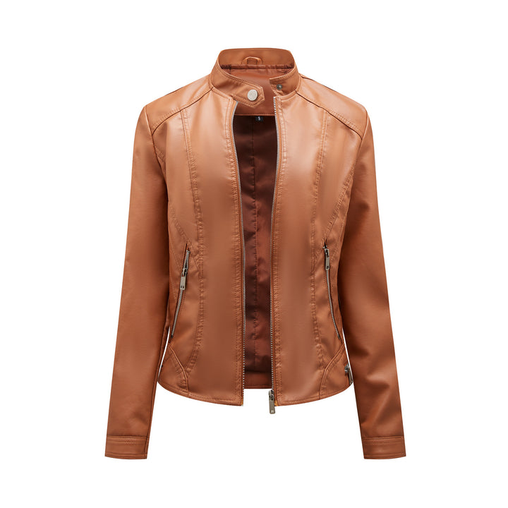 Faux leather jacket for women with elegant high collar and practical zippered pockets Lune London