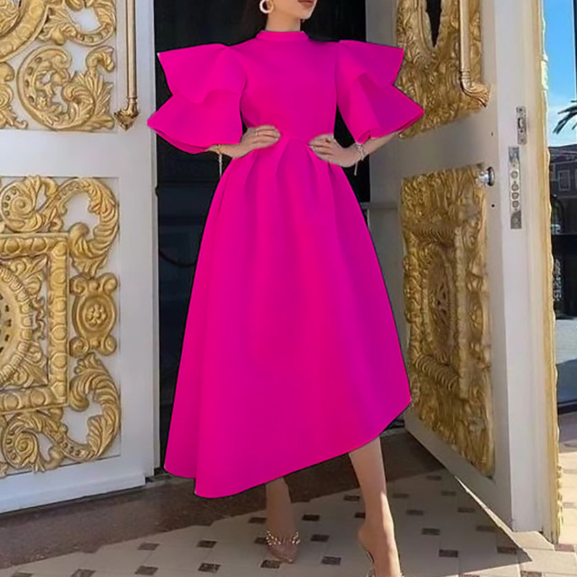 Midi dress for women with voluminous puff sleeves and an asymmetrical hem Lune London