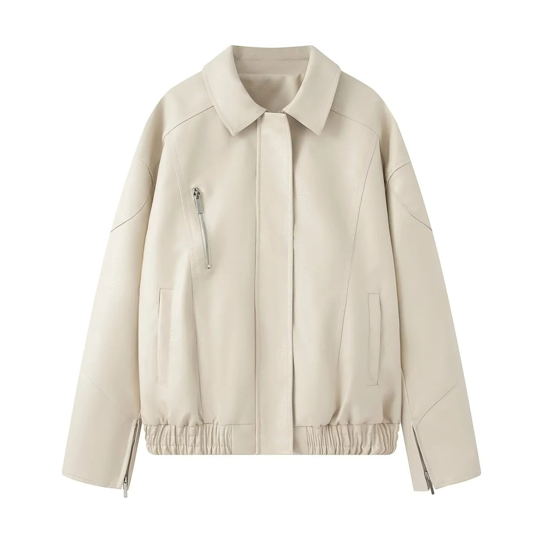 Fashionable women's faux leather jacket with elastic hem and practical pockets Lune London