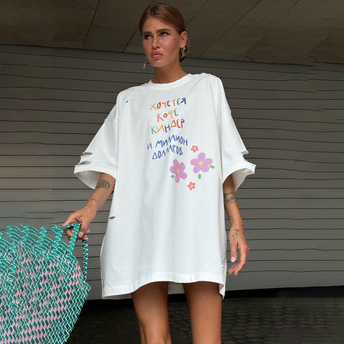 Oversized T-shirt dress for women with a unique graphic tear design Lune London