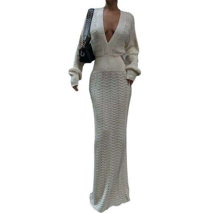 Elegant crochet maxi dress for women with deep V-neck and ribbed design Lune London