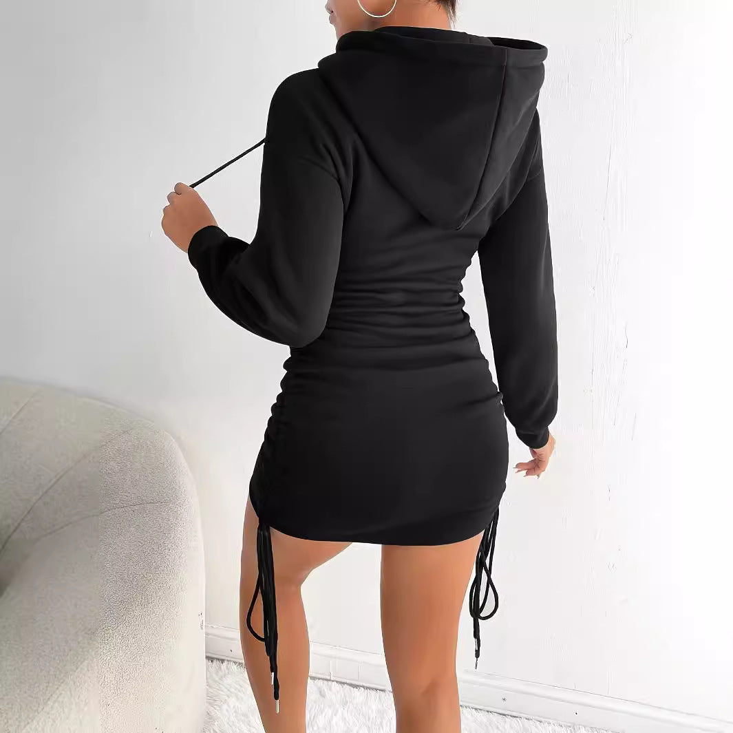 Hooded dress for women with side ruffle design and adjustable drawstring Lune London