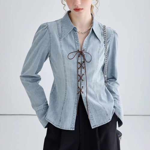 Elegant denim blouse for women with lace closure Lune London