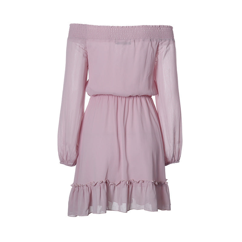 Off-shoulder dress for women with ruffle details and elastic waist drawstring Lune London