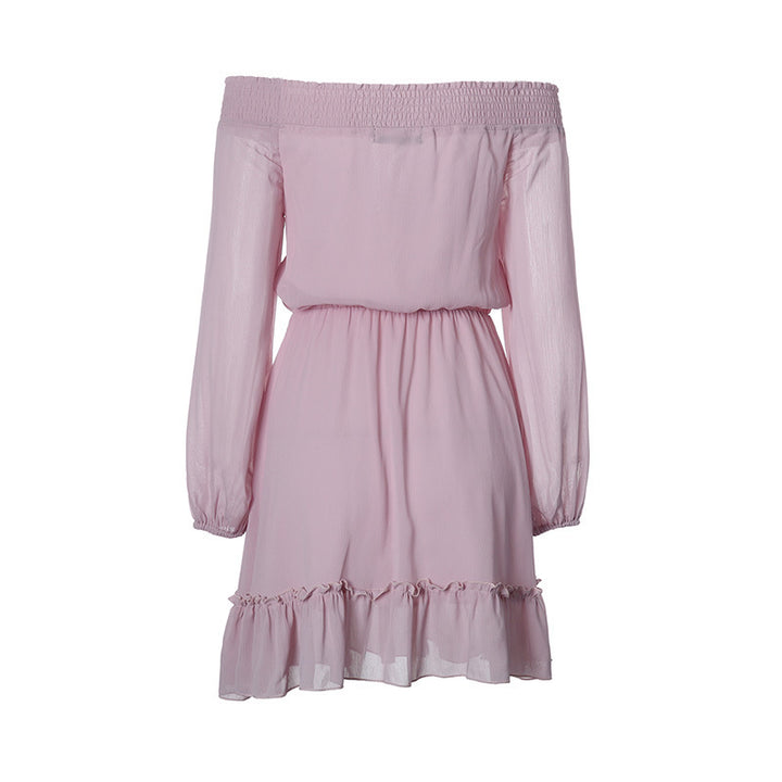 Off-shoulder dress for women with ruffle details and elastic waist drawstring Lune London