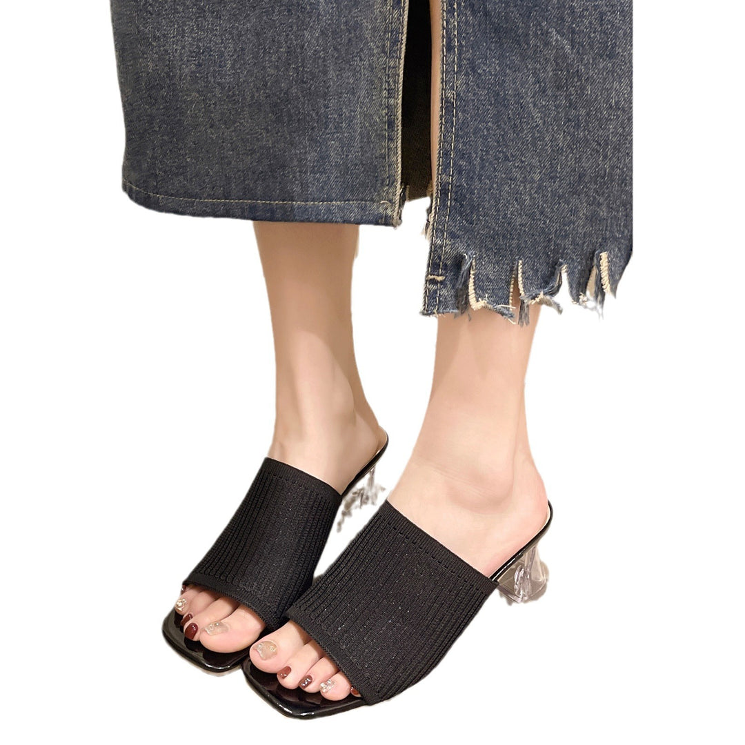 Slide sandals for ladies with an airy ribbing structure and a transparent block heel Lune London