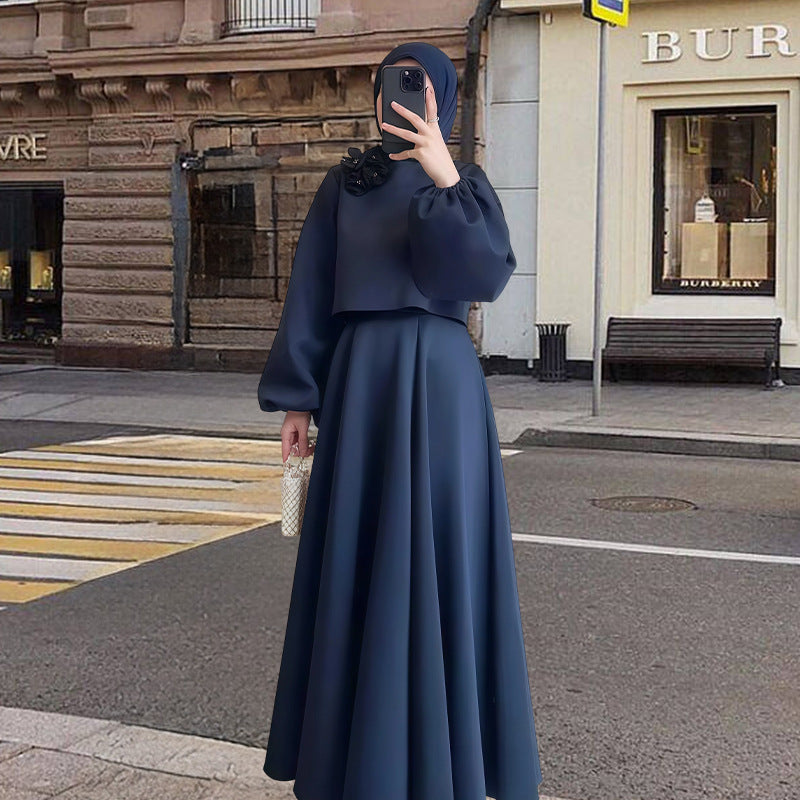 Ladies Elegant Maxi Dress with Puff Sleeves and Decorative Flower Detail Lune London