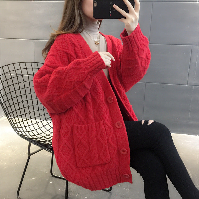 Ladies Waffle Knit Oversized Cardigan with pockets and button detail Lune London