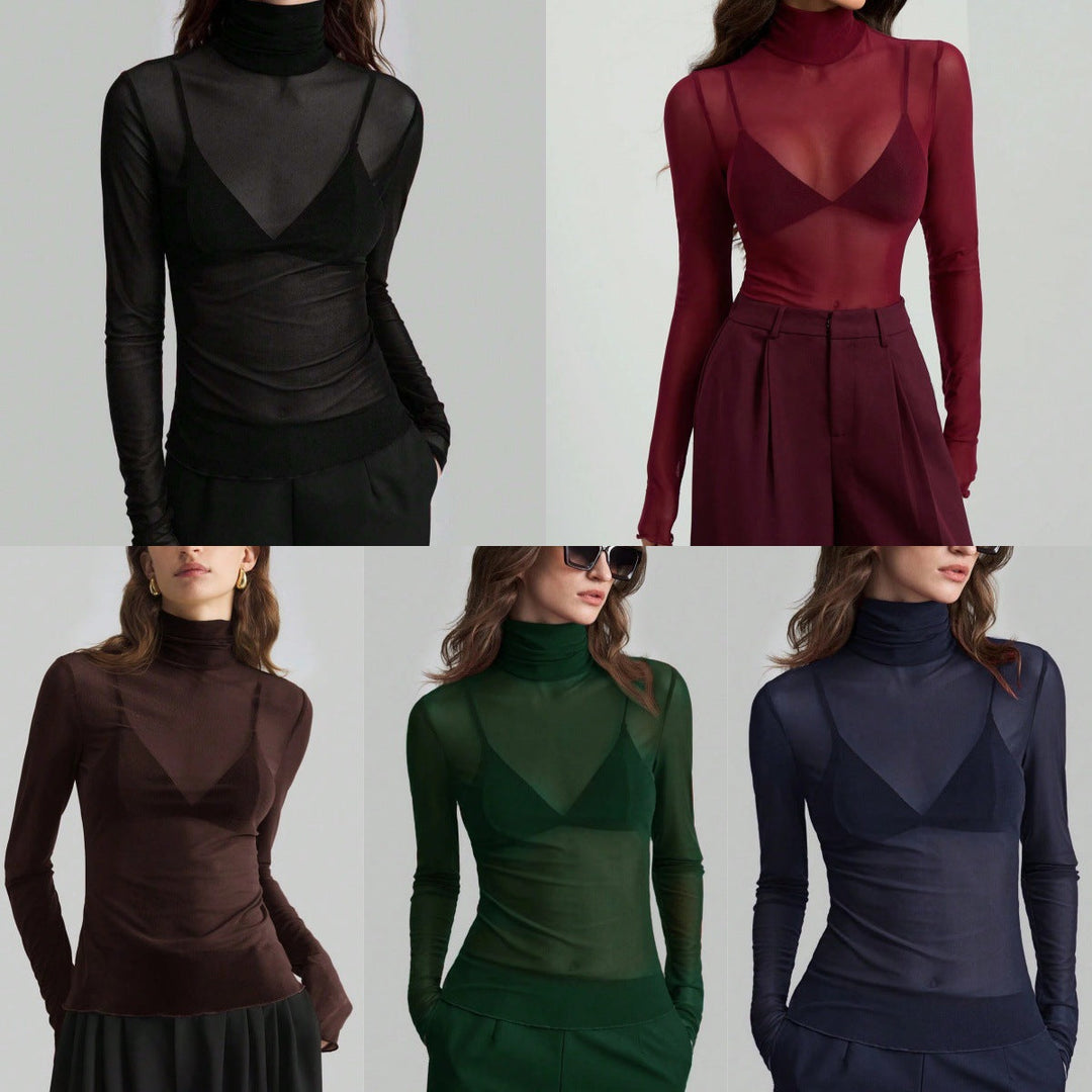 Women's Transparent Turtleneck Blouse with Shaping Cut Lune London