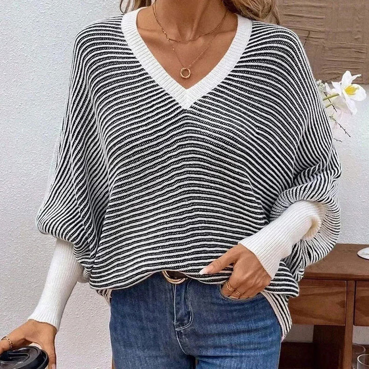 Pull en tricot pour femmes au look moderne rayé avec col en V Chic & Stil