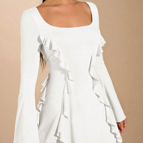 Elegant ruffled dress for women with deep neckline and long sleeves Lune London