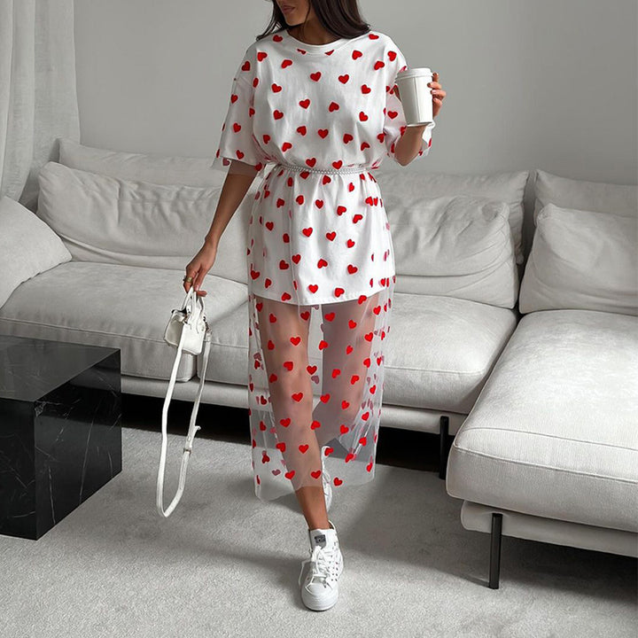 Modern tunic dress for women with heart pattern and sheer layer Chic and Style