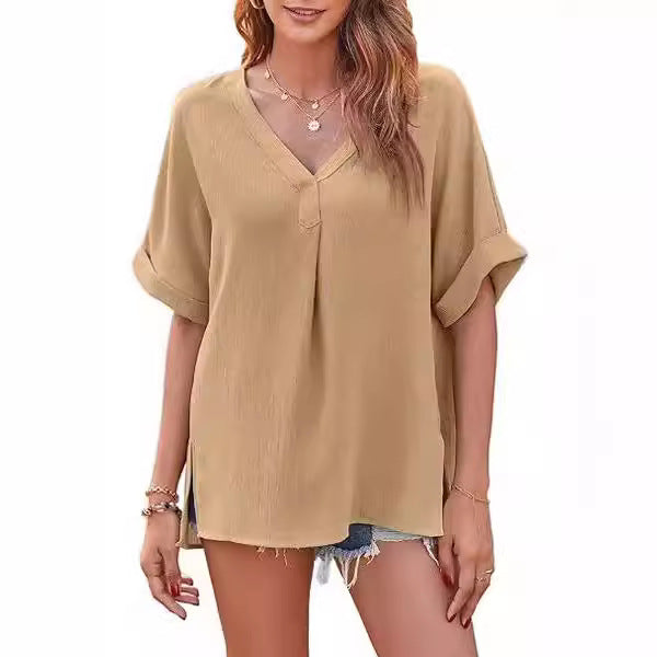 Ladies Light V-neck Top with Roll-up Sleeves Lune London