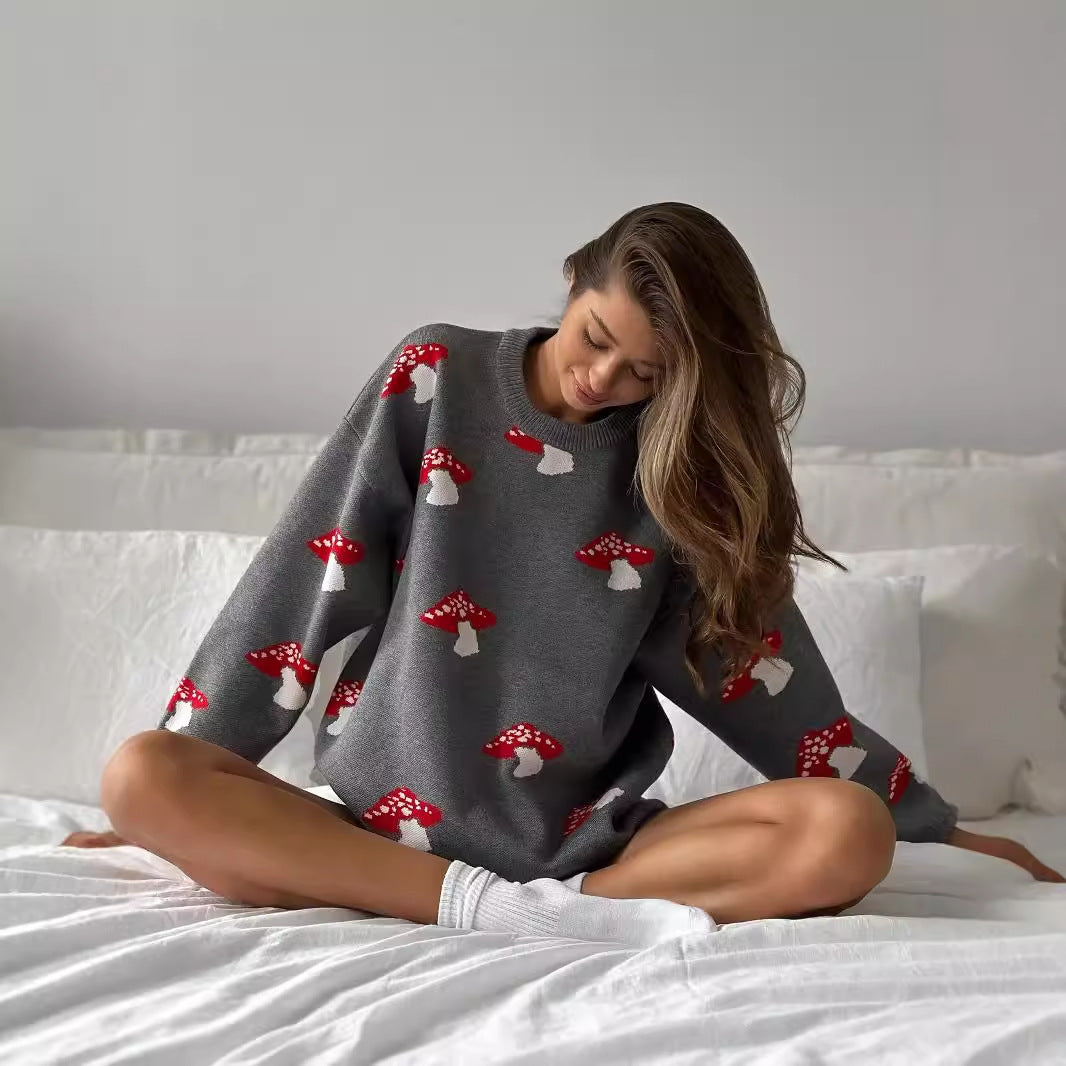 Knitted sweater for ladies with playful mushroom pattern Lune London