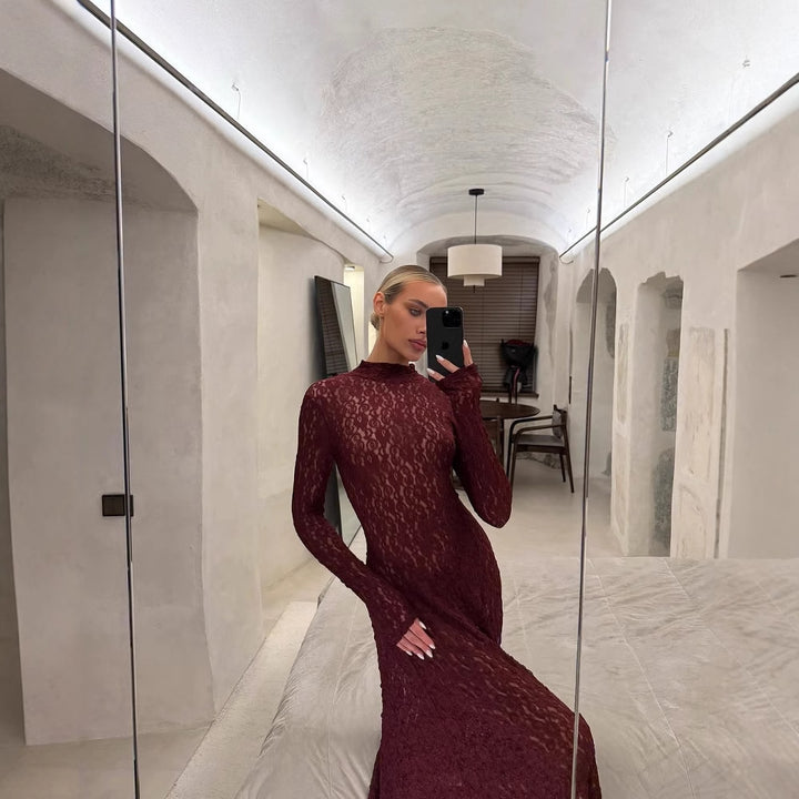 Maxi dress for women in fine lace with long sleeves and highly closed design Lune London