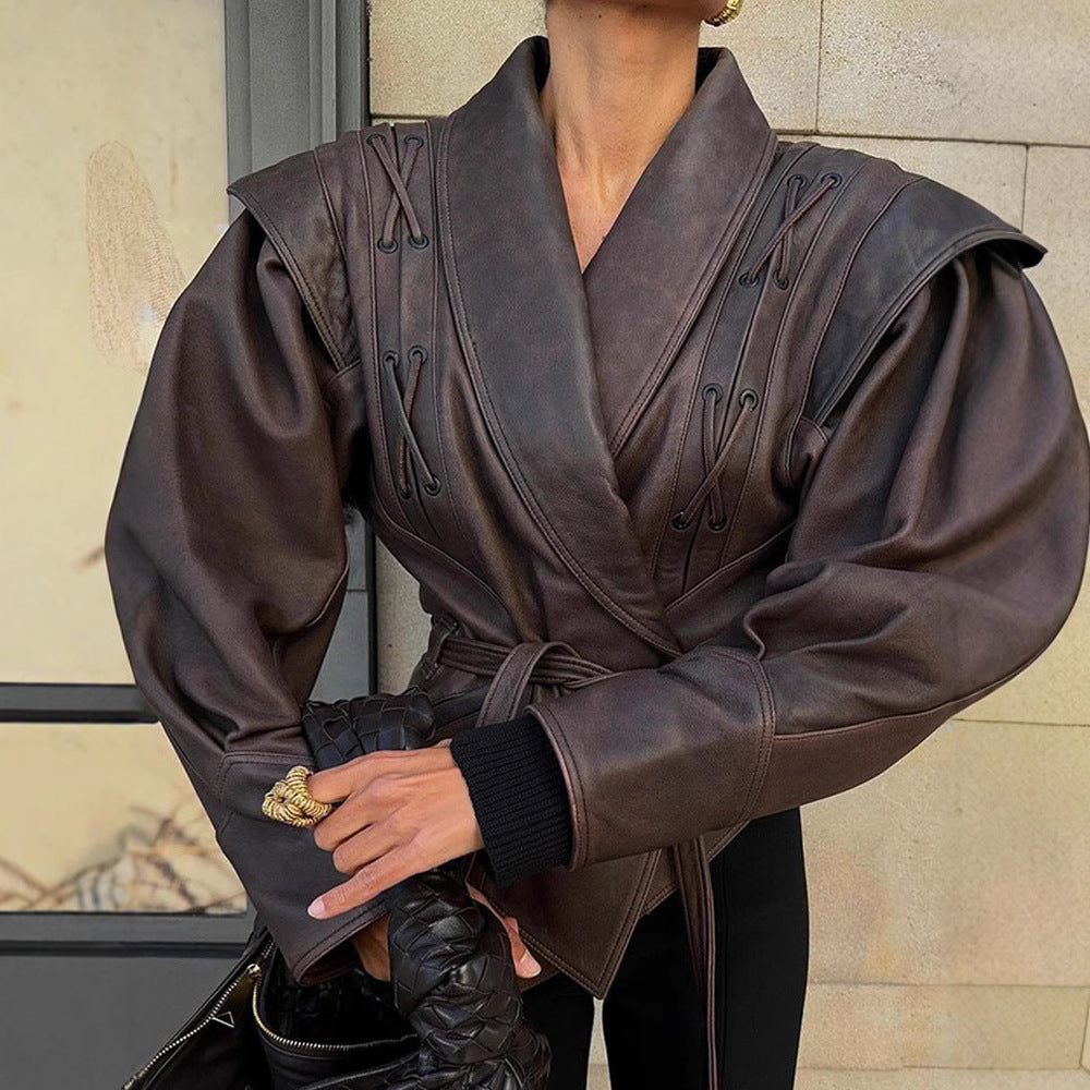 Leather blazer for women with decorative laces Lune London