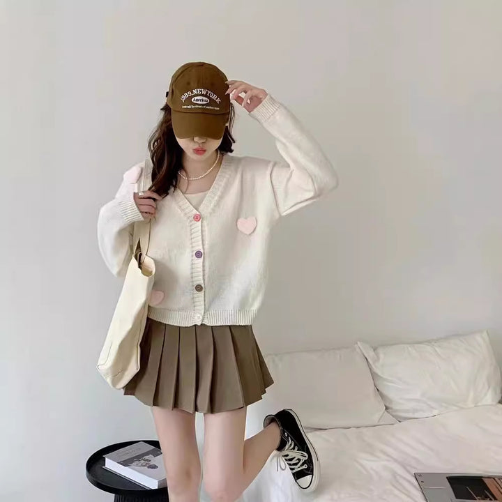 Women Comfortable Knit Jacket with Hearts and Colorful Button Details Lune London