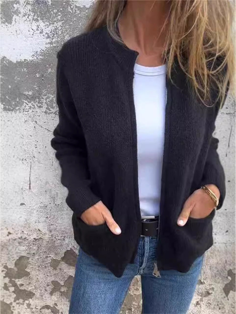 Lune London | Jacket with zipper - ribbed knit - loose fit - stand-up collar - practical pockets