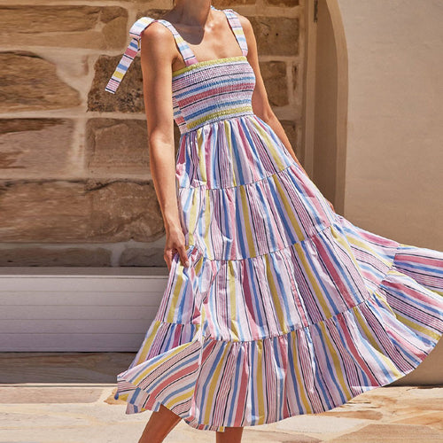 Chic & Stil Women's Airy Maxi Dress with Elastic Top and Striped Ruffles