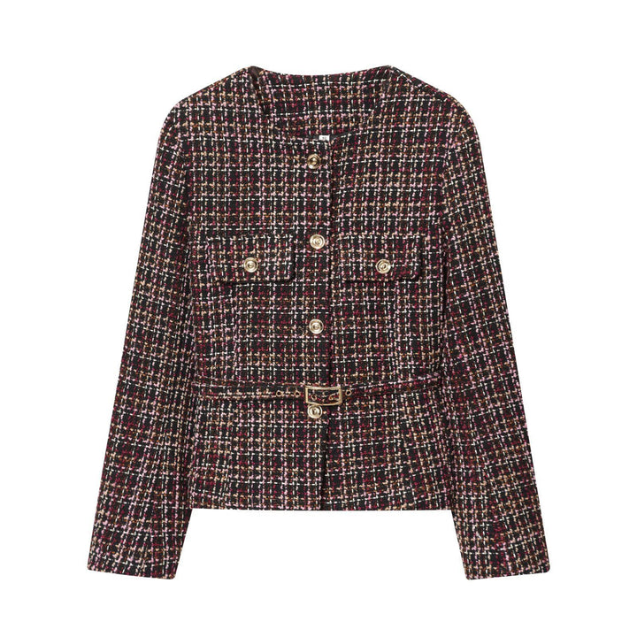Veste en tweed élégante pour femmes avec boutons décoratifs et ceinture amovible Chic & Stil