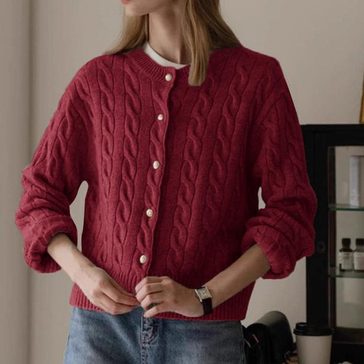 Knitted jacket for women with cable pattern and elegant button details Lune London