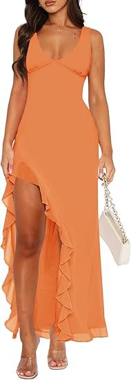 Women's maxi dress with asymmetric hem and ruffle details Lune London