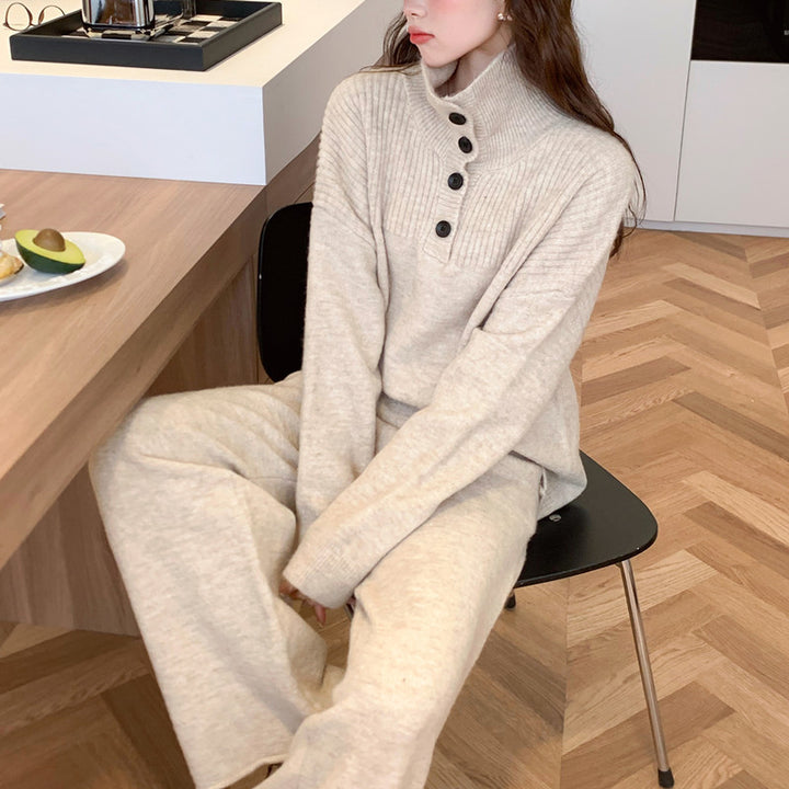 Comfortable knitted sweater for women with a high collar and button details Lune London