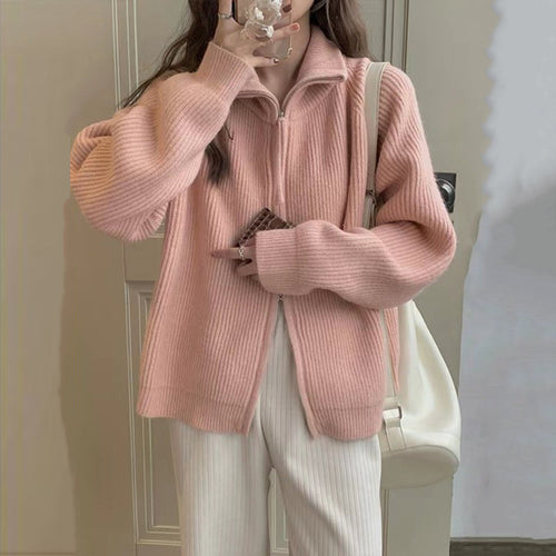 Knitted jacket for women with high collar embellishment and zipper Lune London